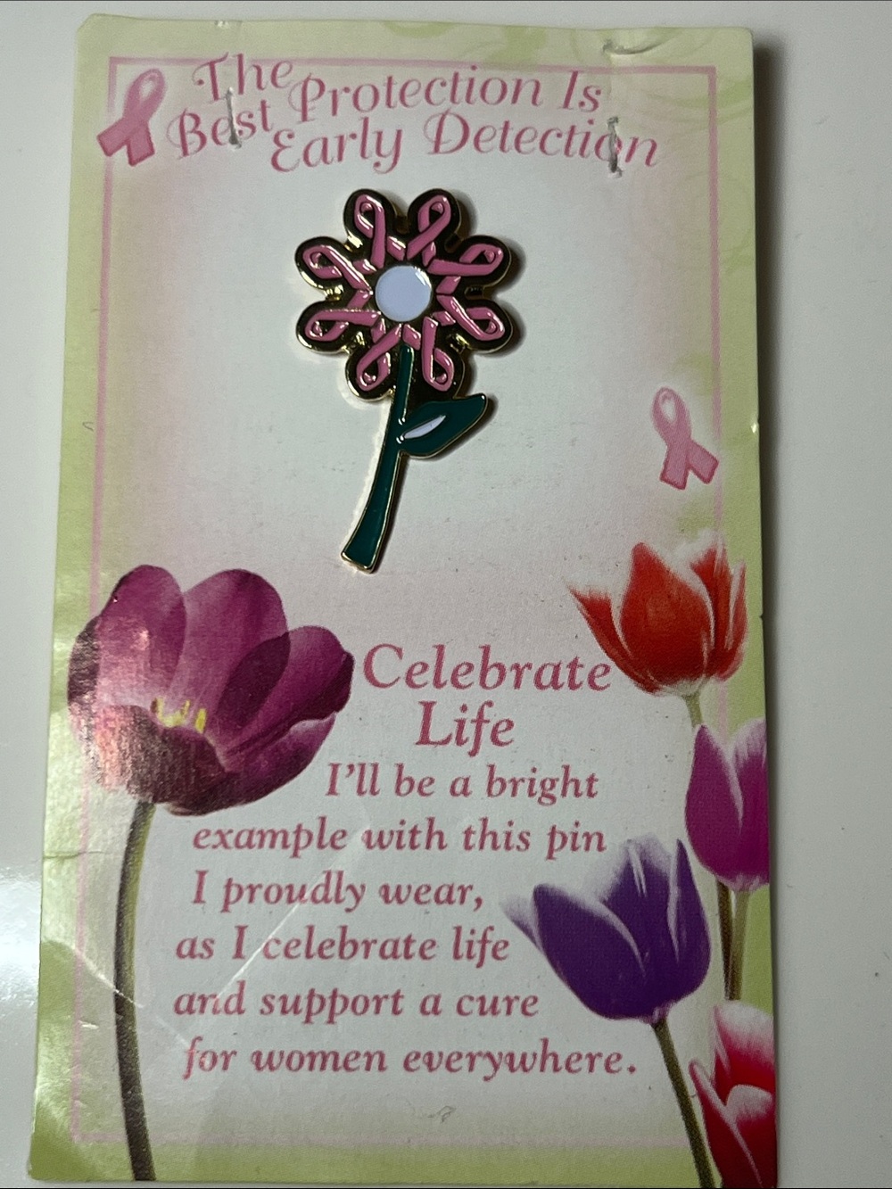 Pink Ribbon Flower gold tone Brooch Pin - Celebrate Life